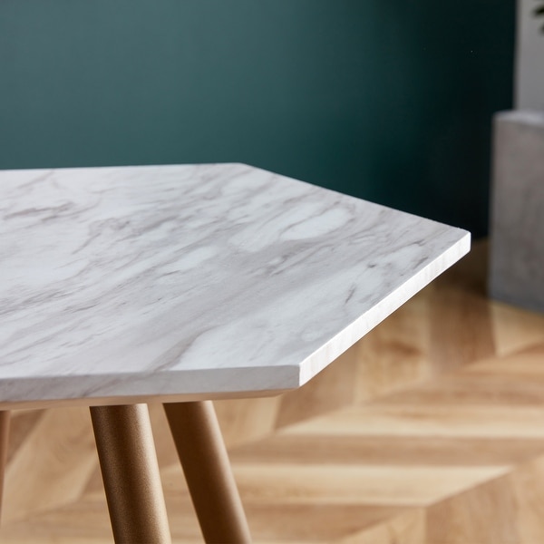 Modern White Faux Marble End Table， Hexagon Side Table， Small Accent Coffee Table with Metal Legs