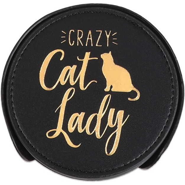 Juvale 6 Pack Crazy Cat Lady Leather Drink Coasters Set With Holder Stand Black Round 4 In