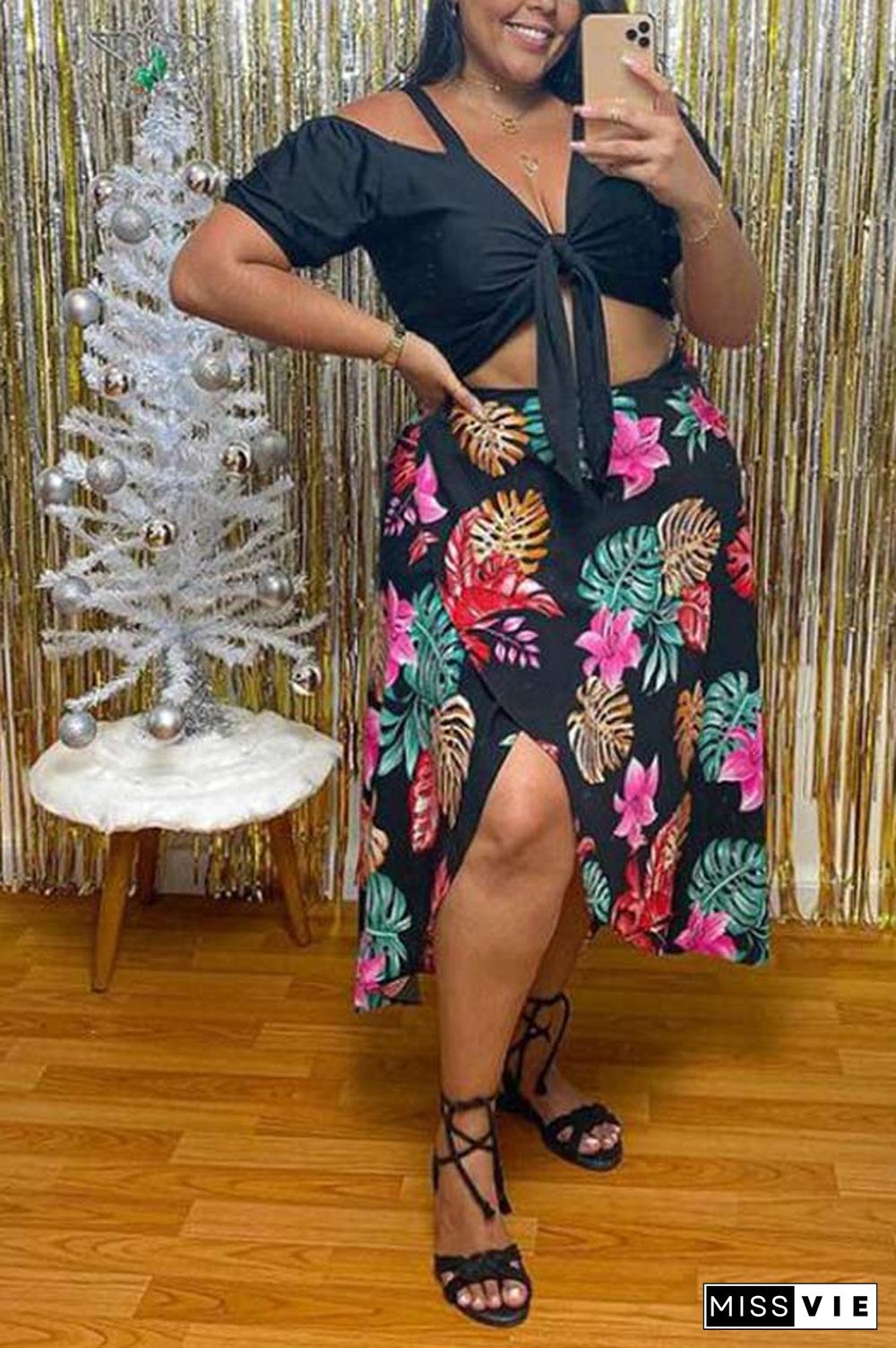 Sexy Summer Digital Printing Split Skirt Set