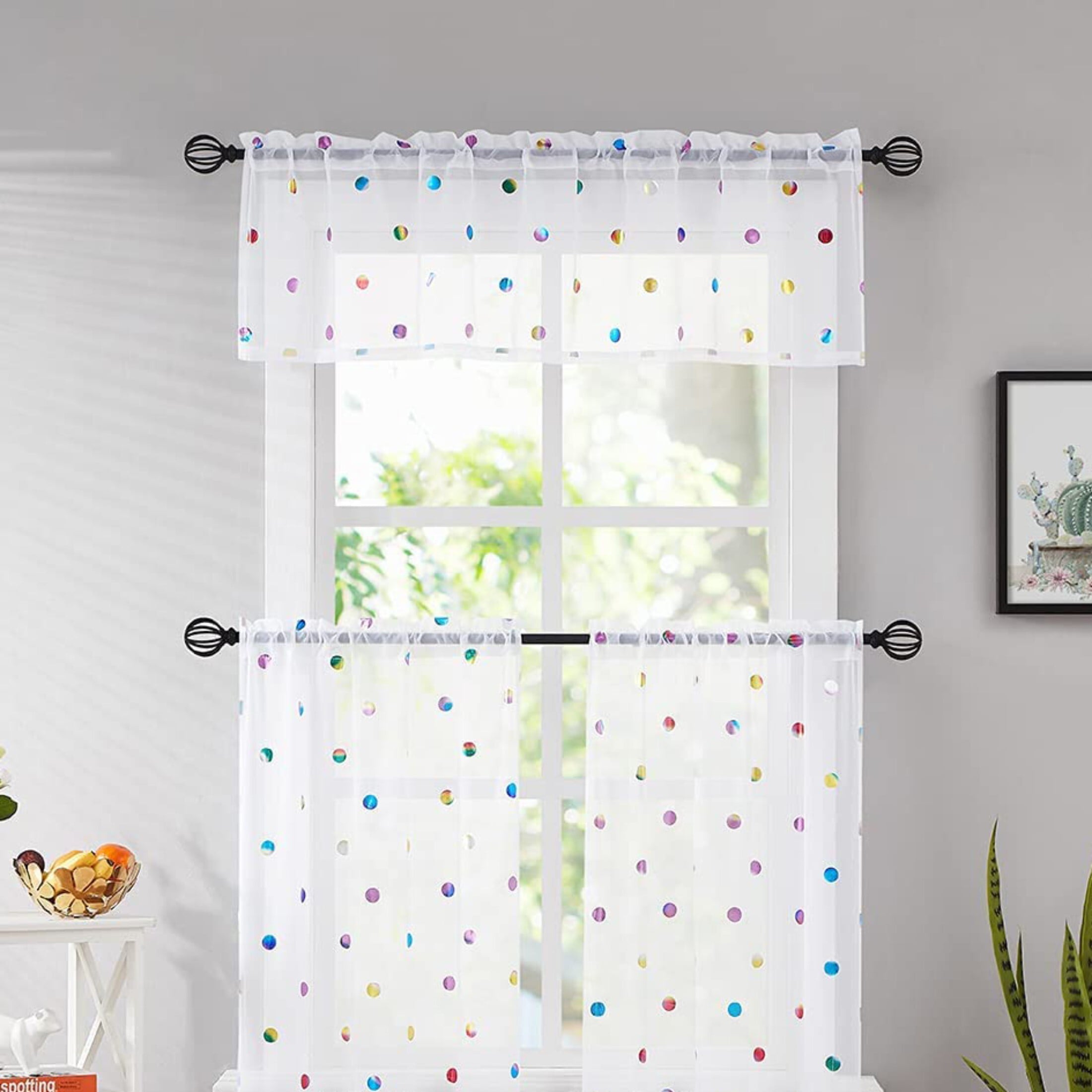 Bazaahm White Valance Curtain for Kitchen Bathroom 15L x 56W Boho Colorful Metallic Polka Dot Sheer Window Valance, Rod Pocket, 1 Panel