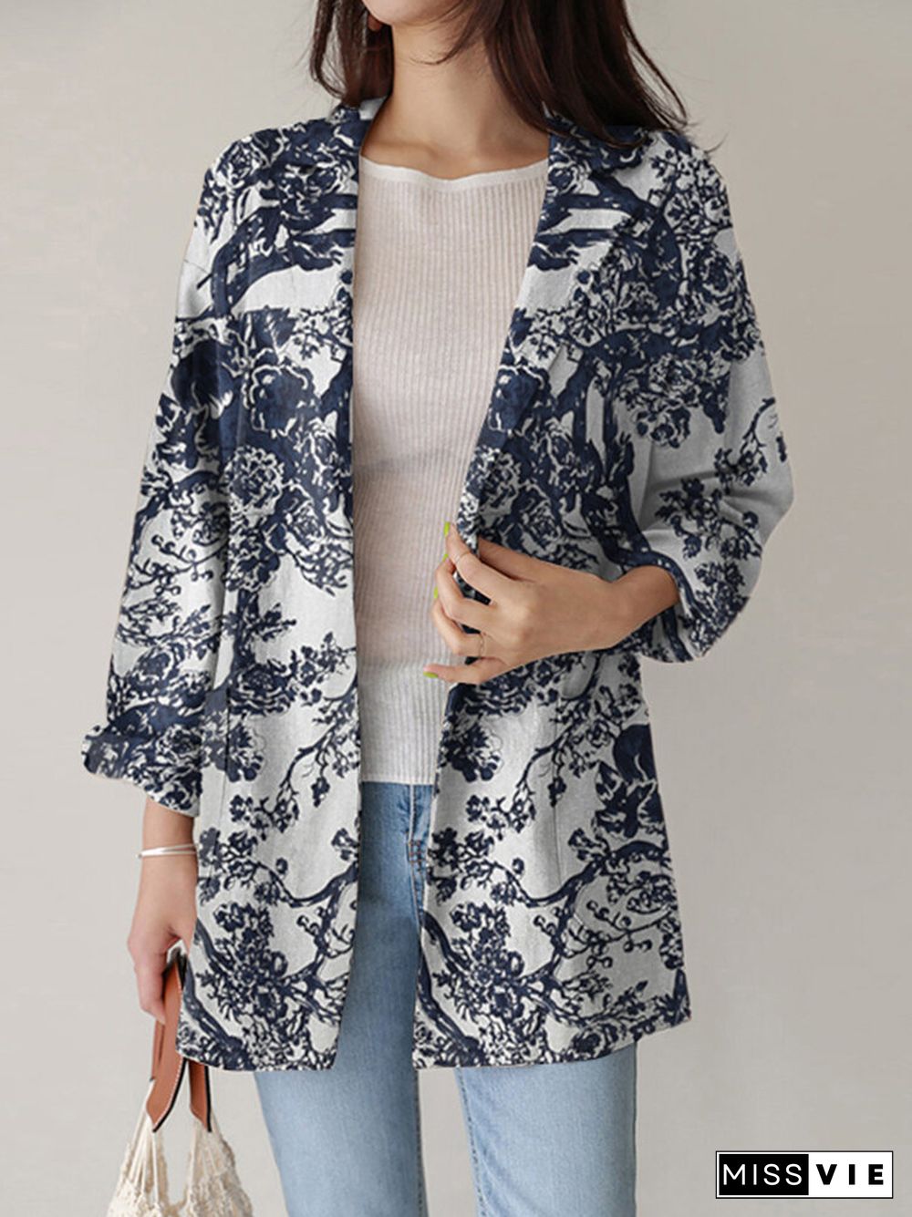 Plants Print Long Sleeve Pocket Button Lapel Blazer