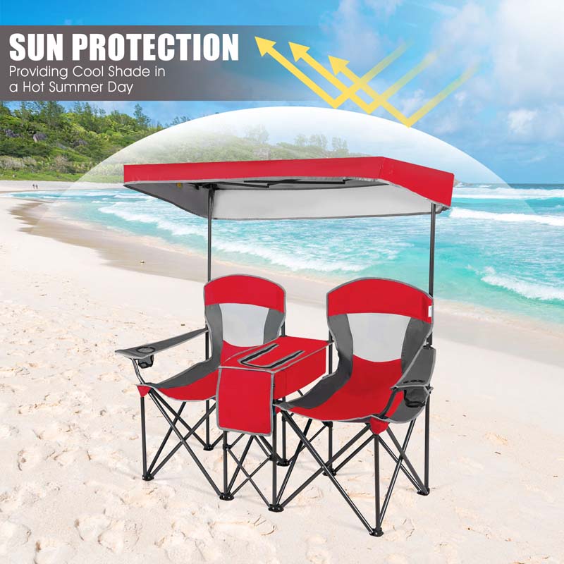 Double Sunshade Camping Canopy Chair with Mini Table, Cup Holder, Portable Folding Beach Chair with Canopy