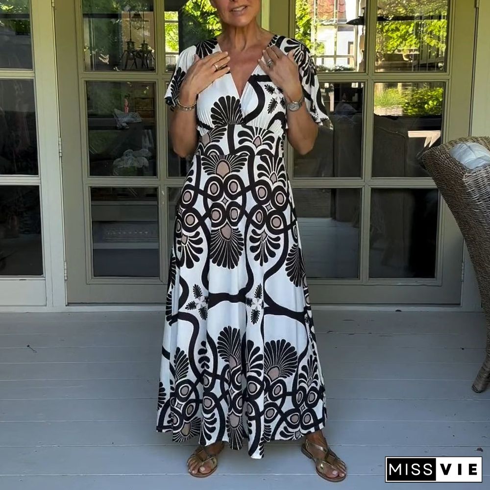 Black and White Short Sleeve Maxi Dress