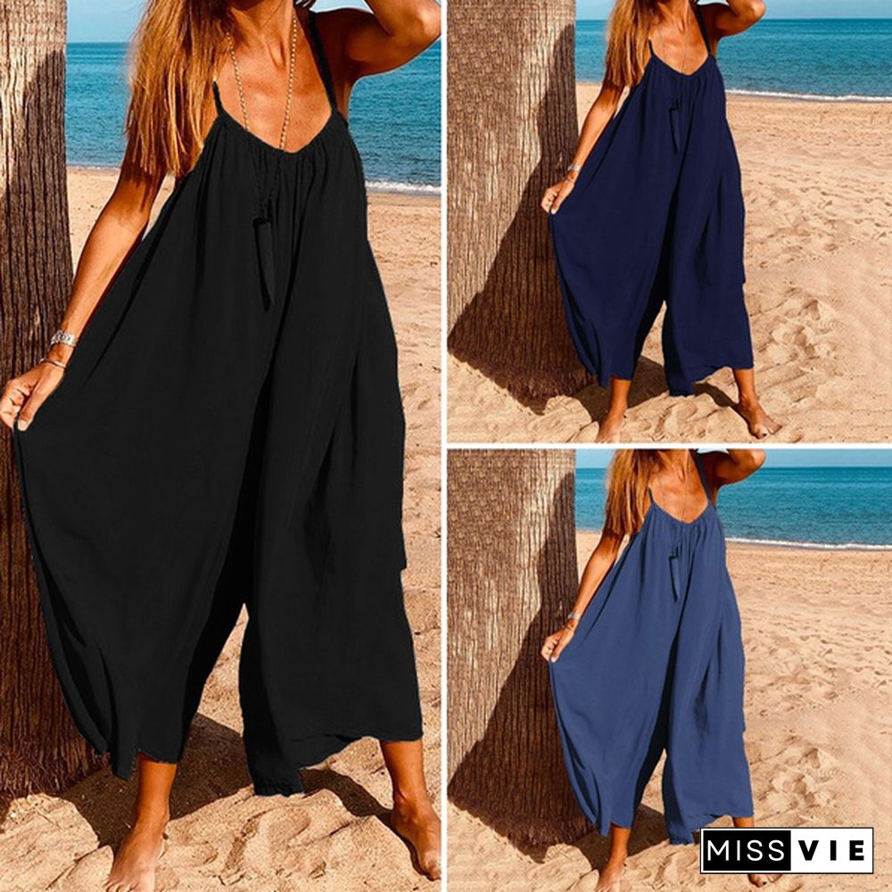 Plus Size Women Casual Loose Sleeveless Jumpsuits Spaghetti Strap Rompers Wide Leg Long Pants Trousers Pantalon Femme