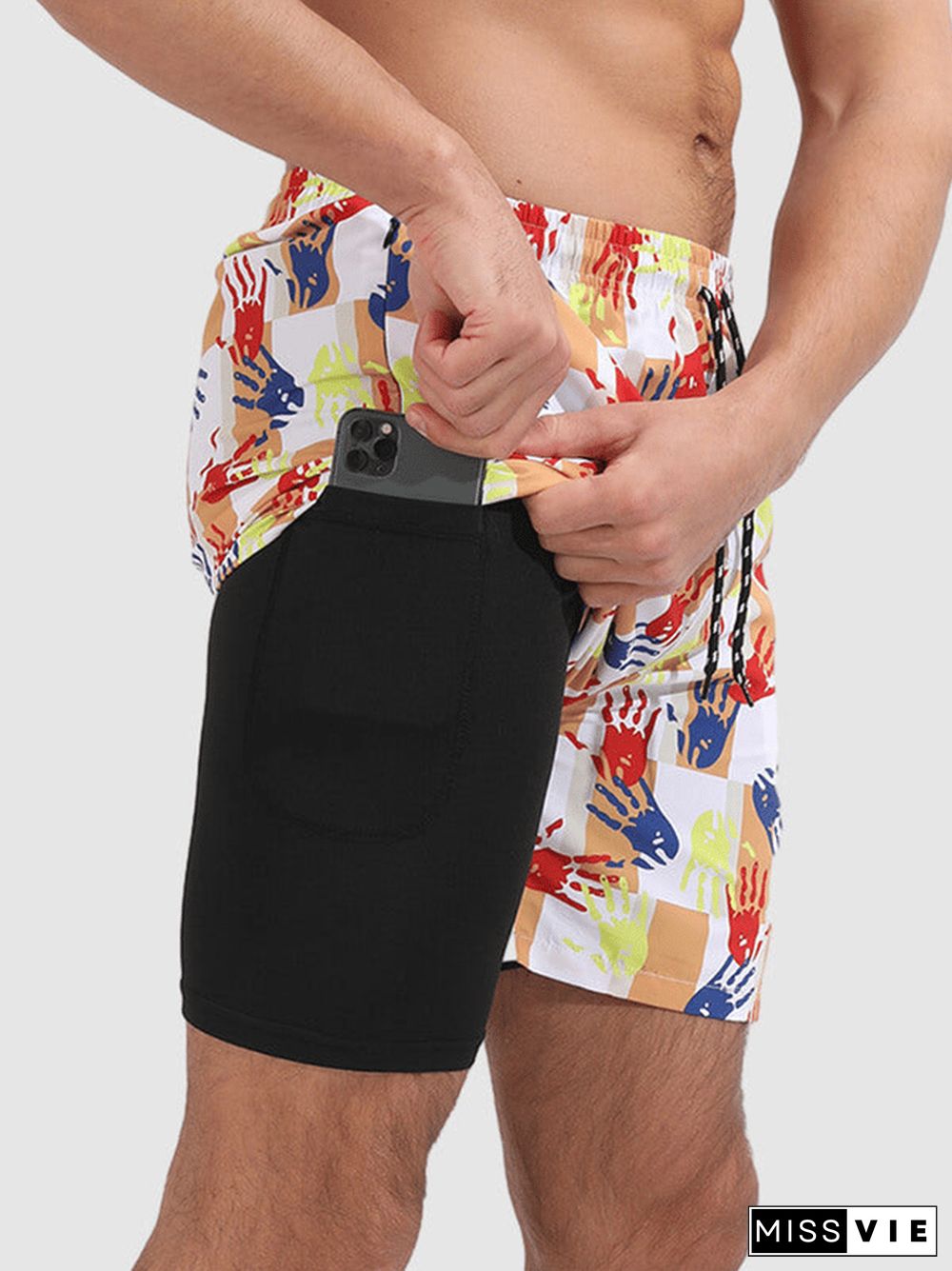 Men's Resort Double Layer Graffiti Palm Print Beach Pocket Shorts