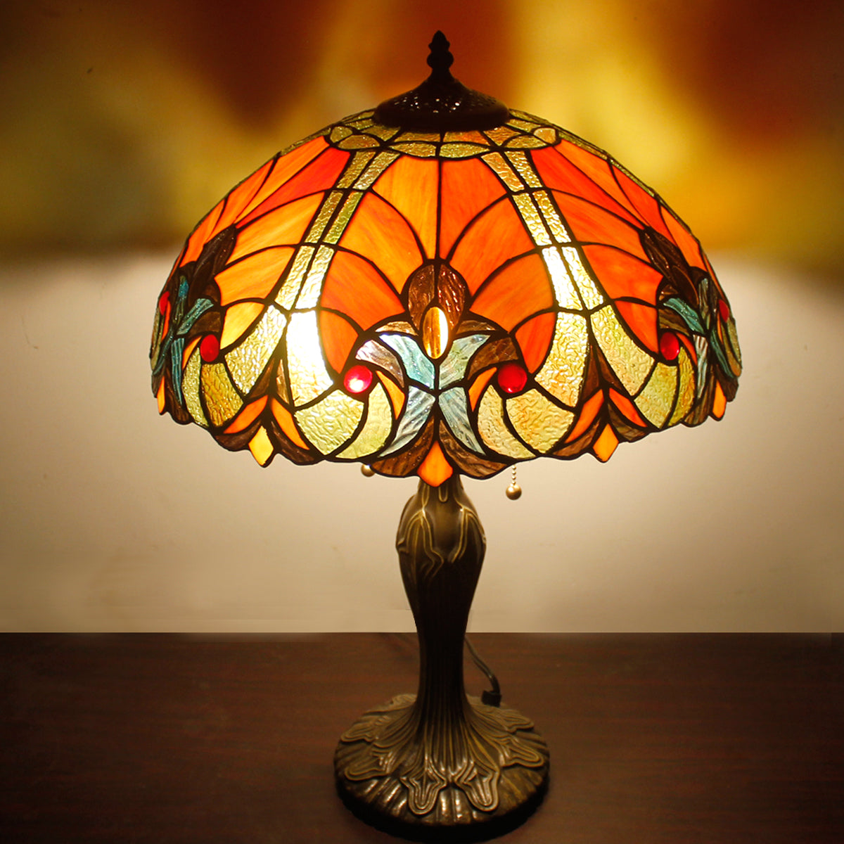  Table Lamp Red Liaison Stained Glass Style Shade Metal Base 24" Tall Large Bedside Desk Light Living Room Bedroom Country Farmhouse Luxurious Memory Lamp Sympathy LED Bulb Included