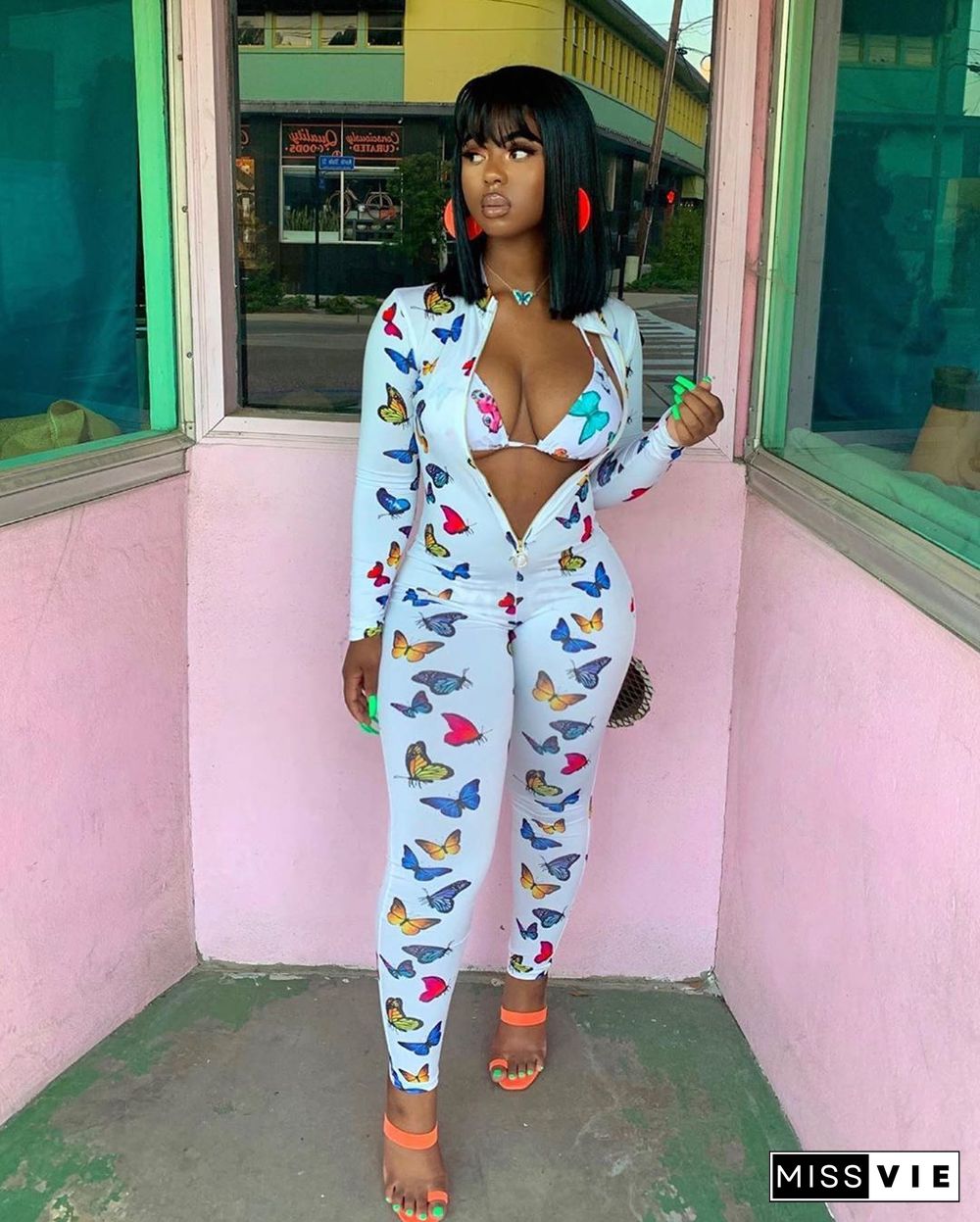 Butterfly Print Long Sleeve Slim Zipper Jumpsuit With Bra