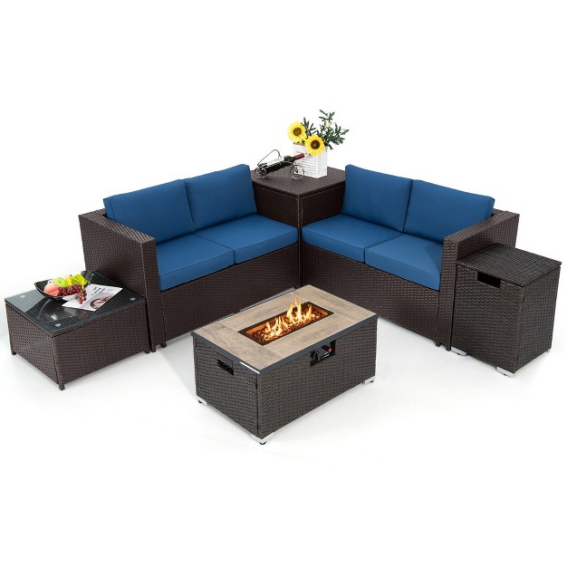 Tangkula 6 Piece Patio Sofa amp Fire Table Set Outdoor Rattan Sectional Sofa Set W Storage Box Navy