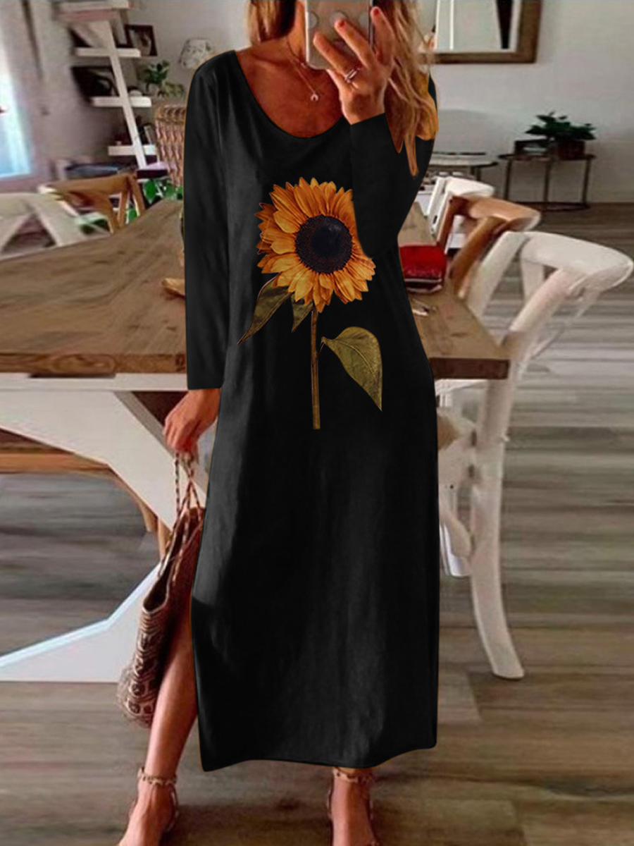 Sunflower Plant Printed Side Slit Long Sleeve Maxi Dress