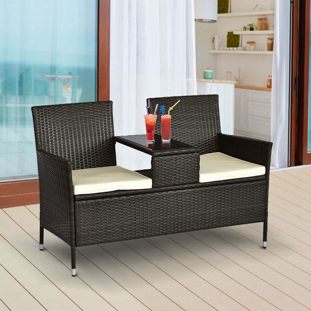 Outsunny Patio Wicker Conversation Furniture Set Outdoor Rattan 2 seater Chair Modern Loveseat W Cushions amp Tempered Glass Top Coffee Table For Garden Lawn Backyard