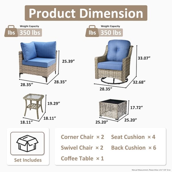 OVIOS 6 Pieces Outdoor Wicker Swivel Chair Set With SolarPowered Coffee Table