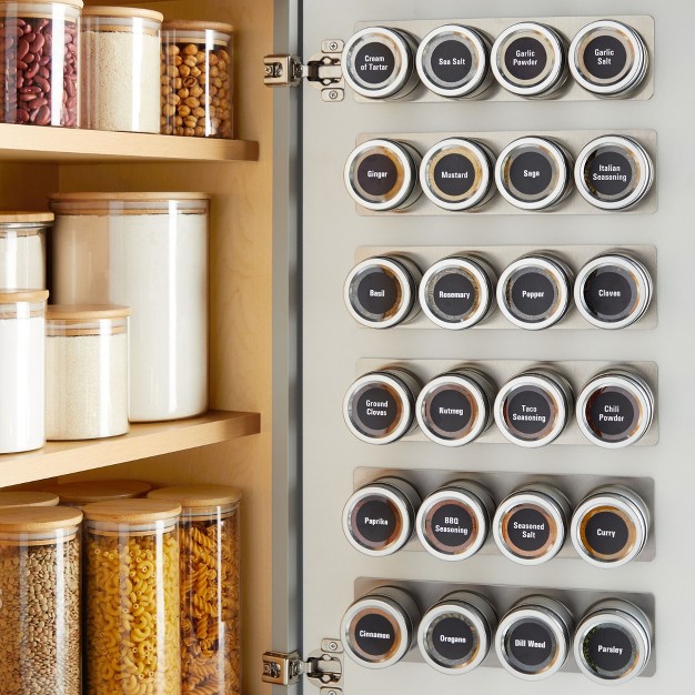 Talented Kitchen 24 Magnetic Spice Jars With 6 Metal Wall Plate Bases For Refrigerator 269 Preprinted Seasoning Labels 2 Styles For 3 Oz Containers