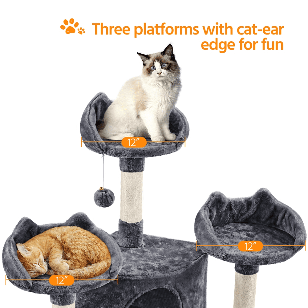 Easyfashion 76.5inch Large Cat Tree Tower with 3 Condos， Dark Gray