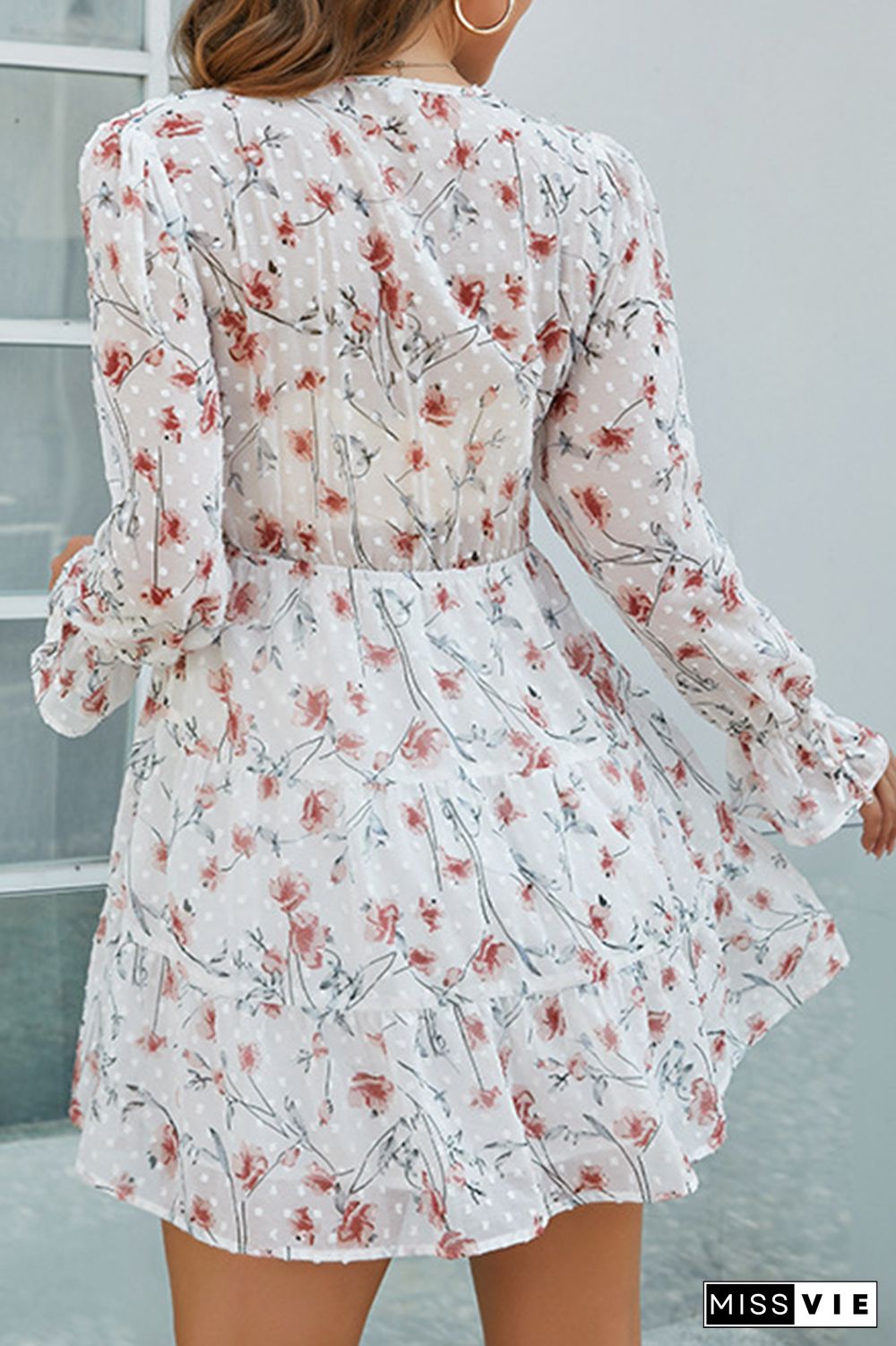 Floral Print Pleat V-neck Long Sleeve Dress Women Wholesale