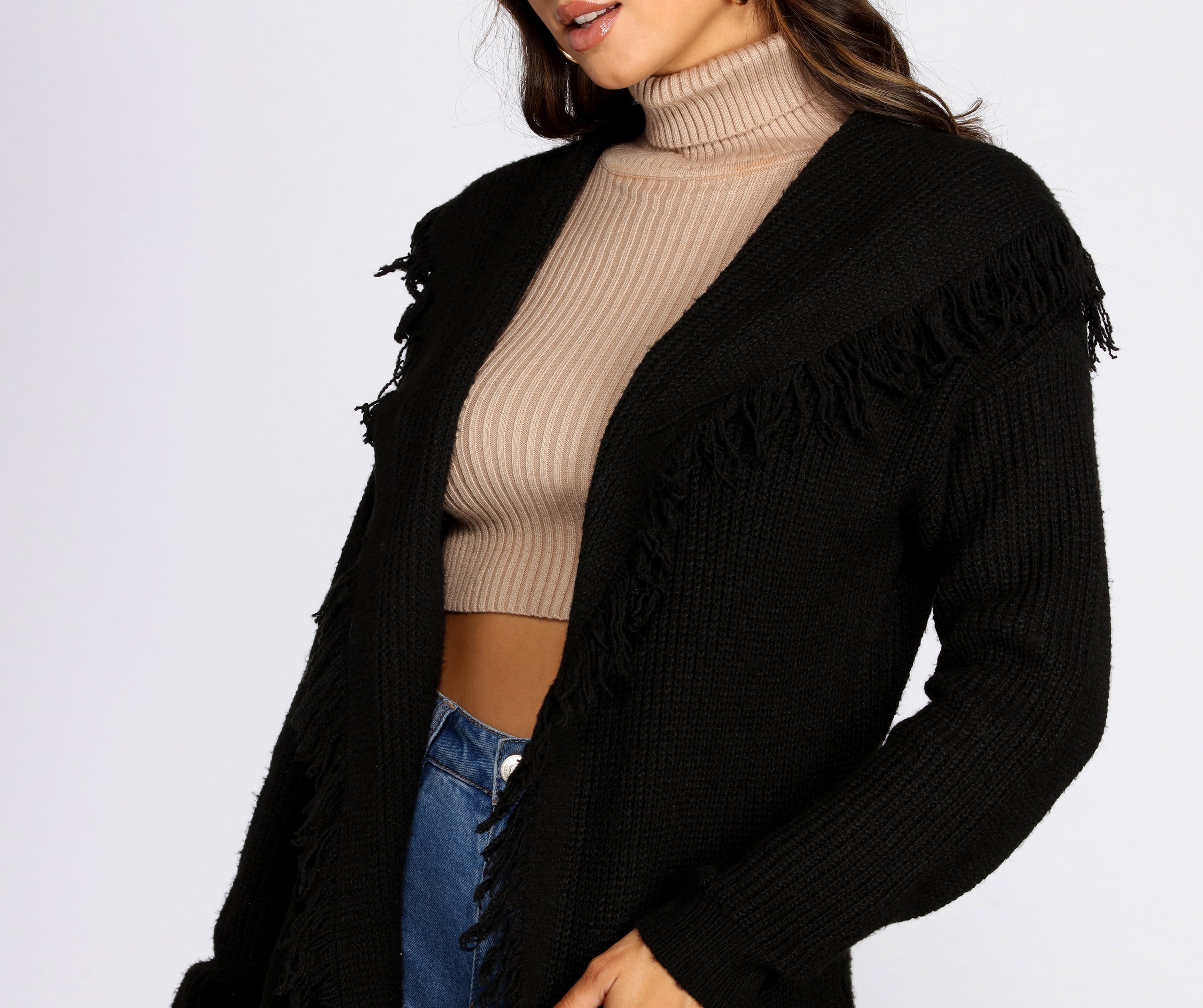 Fringe Hem Hooded Cardigan