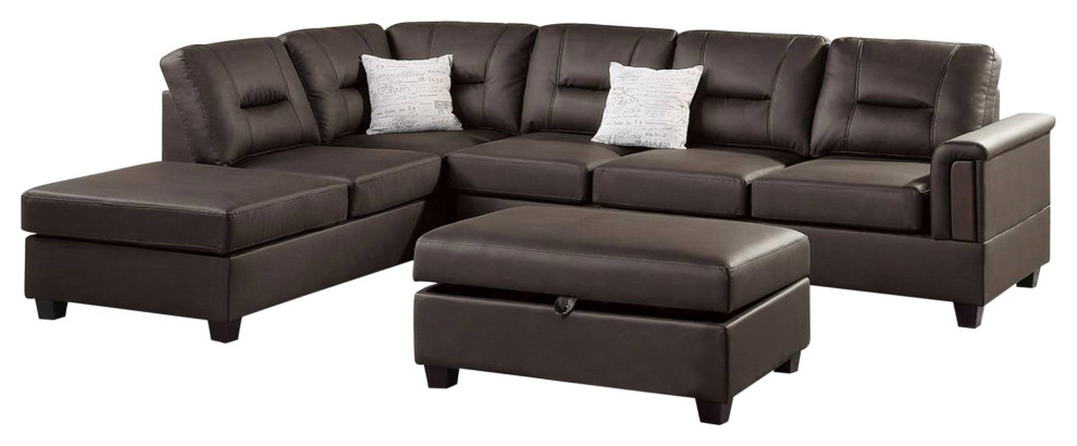 Dex 3 Piece L Sectional Sofa  Ottoman  2 Throw Pillows  Brown Faux Leather   Transitional   Sectional Sofas   by VirVentures  Houzz