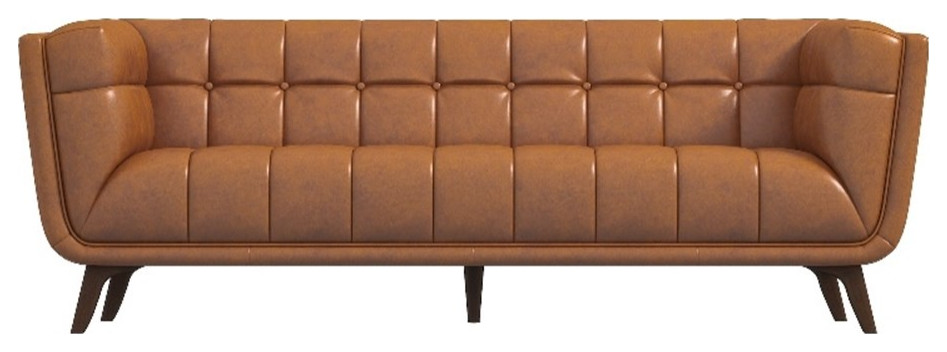 Pemberly Row Mid Century Aniline Leather Tufted Back Sofa in Tan   Transitional   Sofas   by Homesquare  Houzz