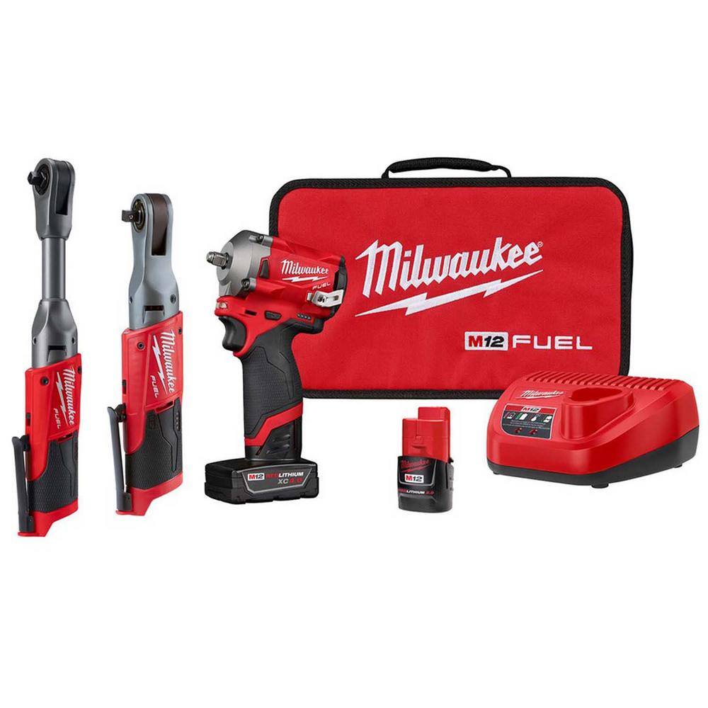 MW M12 FUEL 12V Lithium-Ion Brushless Cordless 38 in. Impact Wrench  Ratchet Combo Kit (2-Tool) W Extended Ratchet 2554-22-2557-20-2560-20