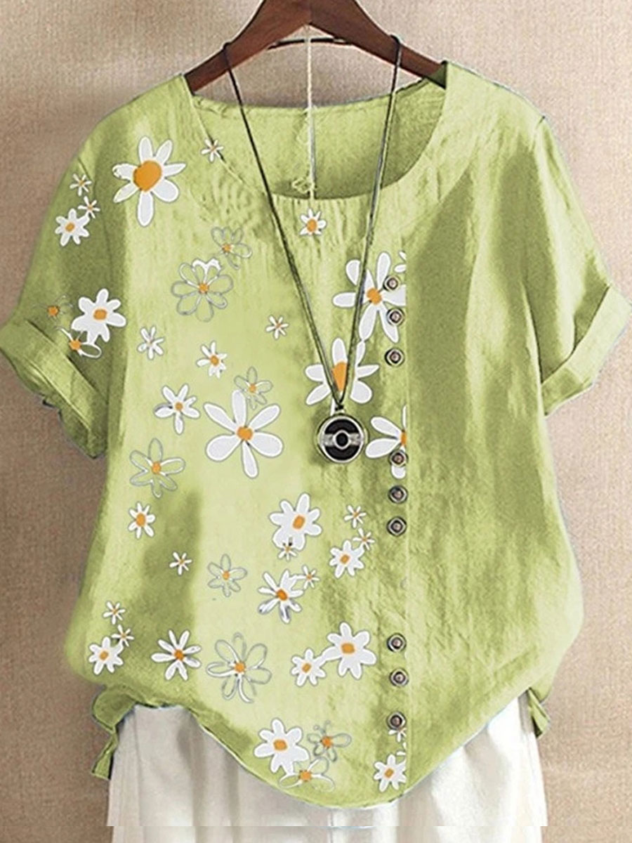 Casual Cotton Marguerite Flower Printed Short-Sleeved Blouse