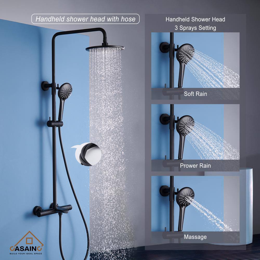 CASAINC 3-Spray Patterns 9 in. Thermostatic Shower Faucet Wall Mount Dual Shower Heads and Tub Faucet in Matte Black HM-T102-RO-MB