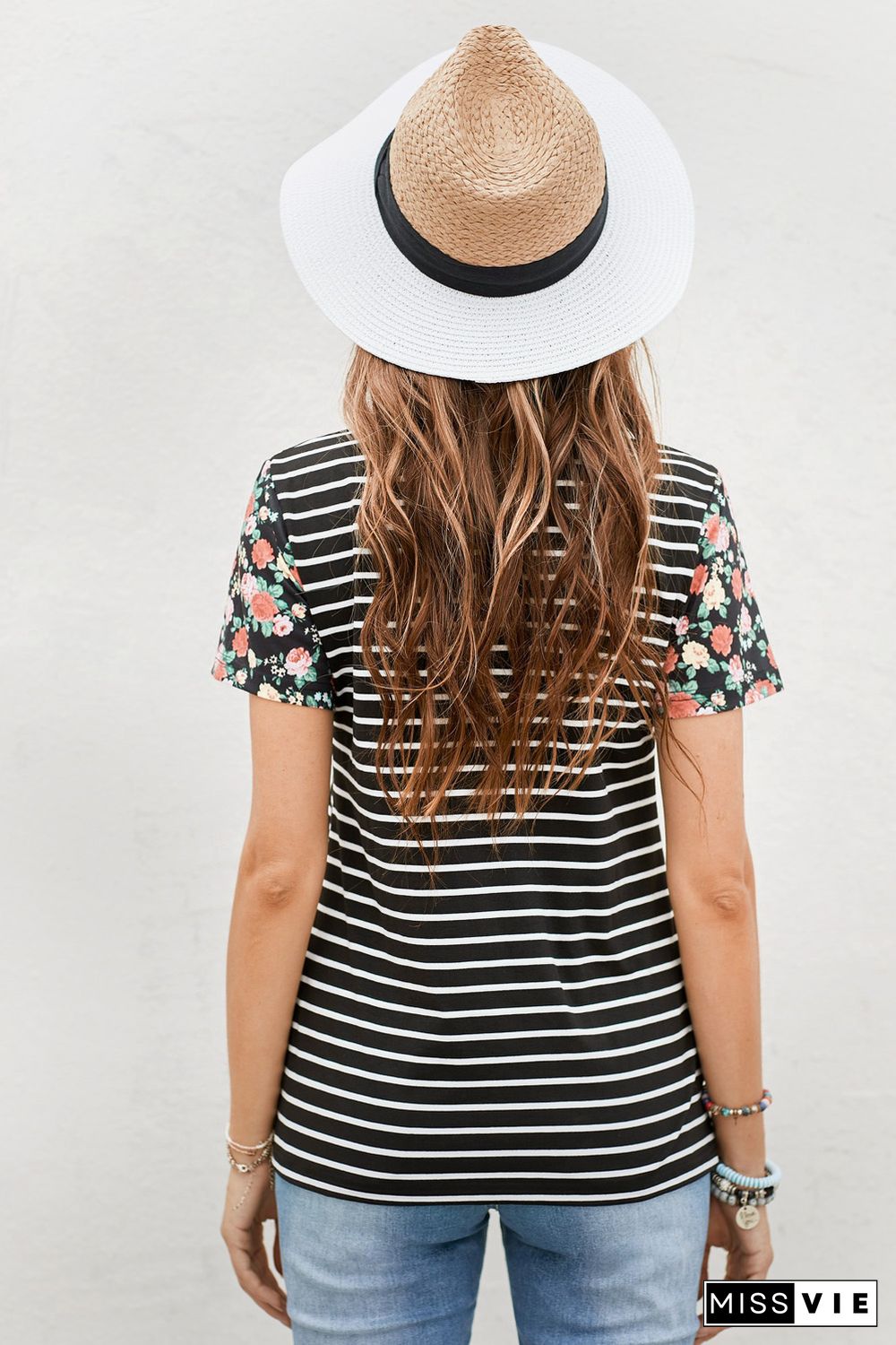 Floral Sleeves Striped T-shirt