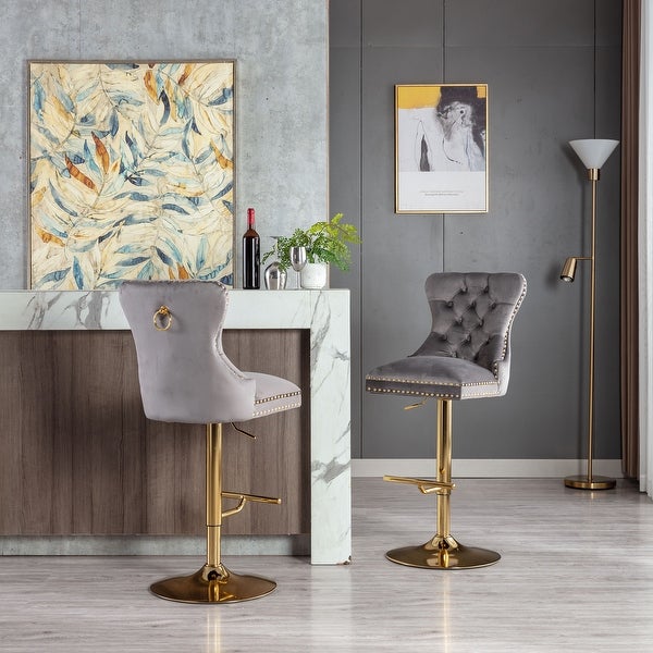 Modern Swivel Bar Stools Set of 2 Adjustable Counter Height with Velvet Upholstered Stool with High Back and Ring Pull