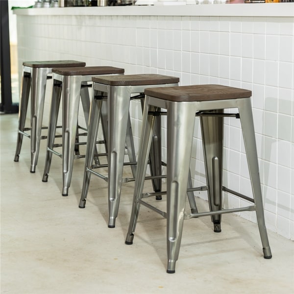 Homy Casa Stackable Metal Counter Stools with Solid Wood Seat