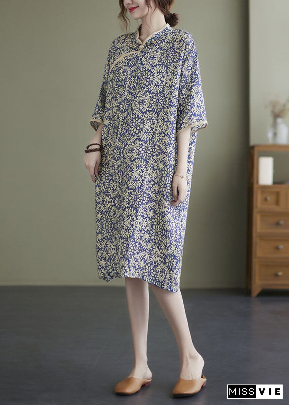 Oriental Stand Collar Pockets Print Cotton Cheongsam Dresses Half Sleeve