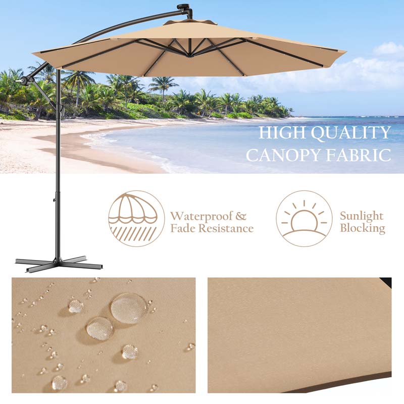 10 FT Offset Patio Umbrella with Solar LED Lights & Cross Base, Large Outdoor Cantilever Umbrella for Sun Rain