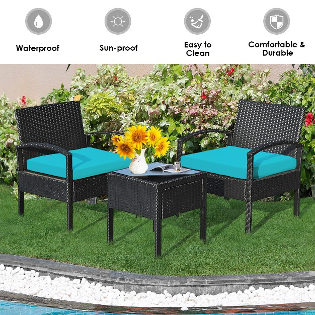 Tangkula 3 Pieces Patio Set Outdoor Wicker Rattan Furniture W Cushions Turquoise