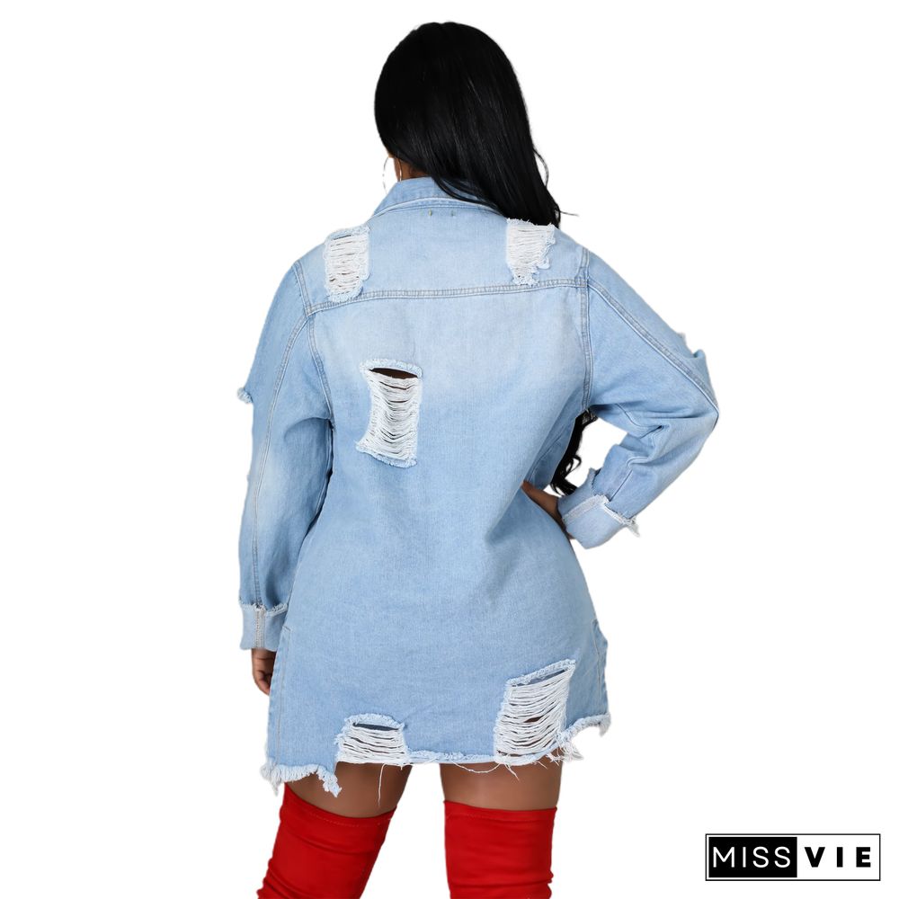 Ripped Fringed Single-breasted Denim Jacket