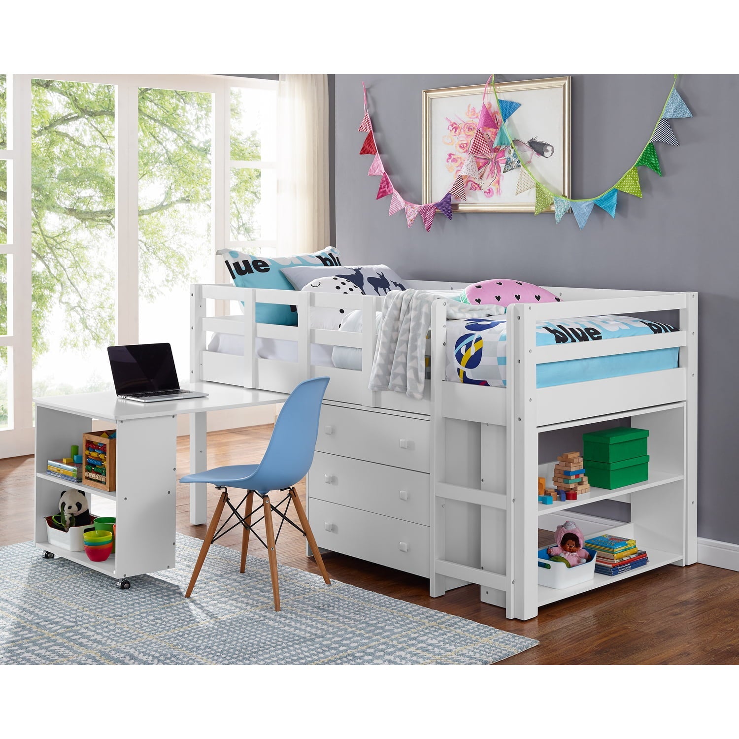 Naomi Home Twin Low Loft Bed with Desk for Kids, Study Loft Bed, White