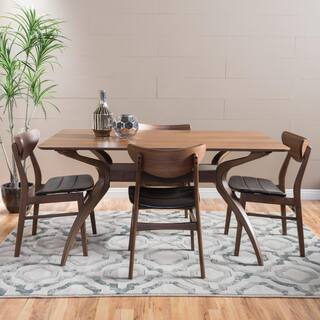 Noble House Anise 5-Piece Dark Brown Leather and Natural Walnut Dining Set 11390