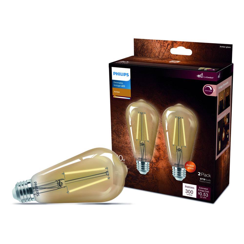 Philips 40-Watt Equivalent ST19 Straight Filament E26 Base LED Vintage Edison LED Light Bulb 2000K Amber (2-Pack) 564849