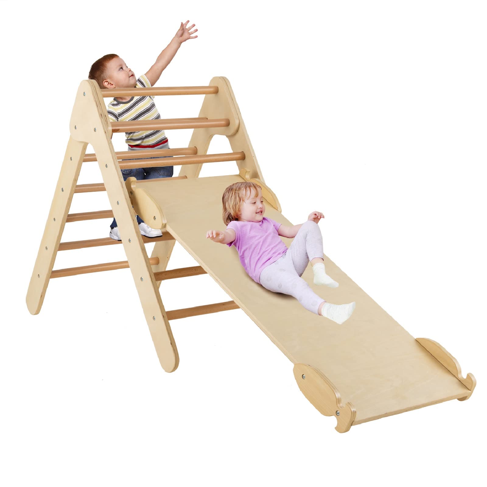 Costzon Wooden Climbing Toys for Toddlers, 3 in 1 Montessori Triangle Climber with Adjustable Angle Ramp for Climb & Slide