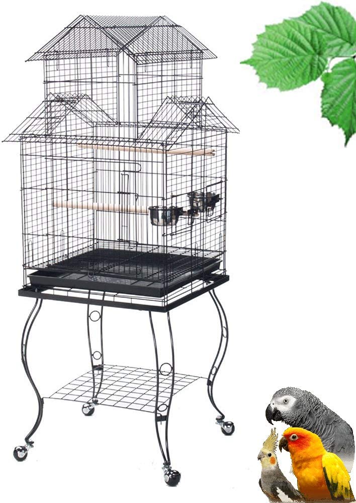 55-inch Triple Roof Top Rolling Standing Bird Parrot Cage for Mid-Sized Parrots Cockatiels Sun Parakeets Green Cheek Conures Caique Pet Bird Cage with Removable Stand