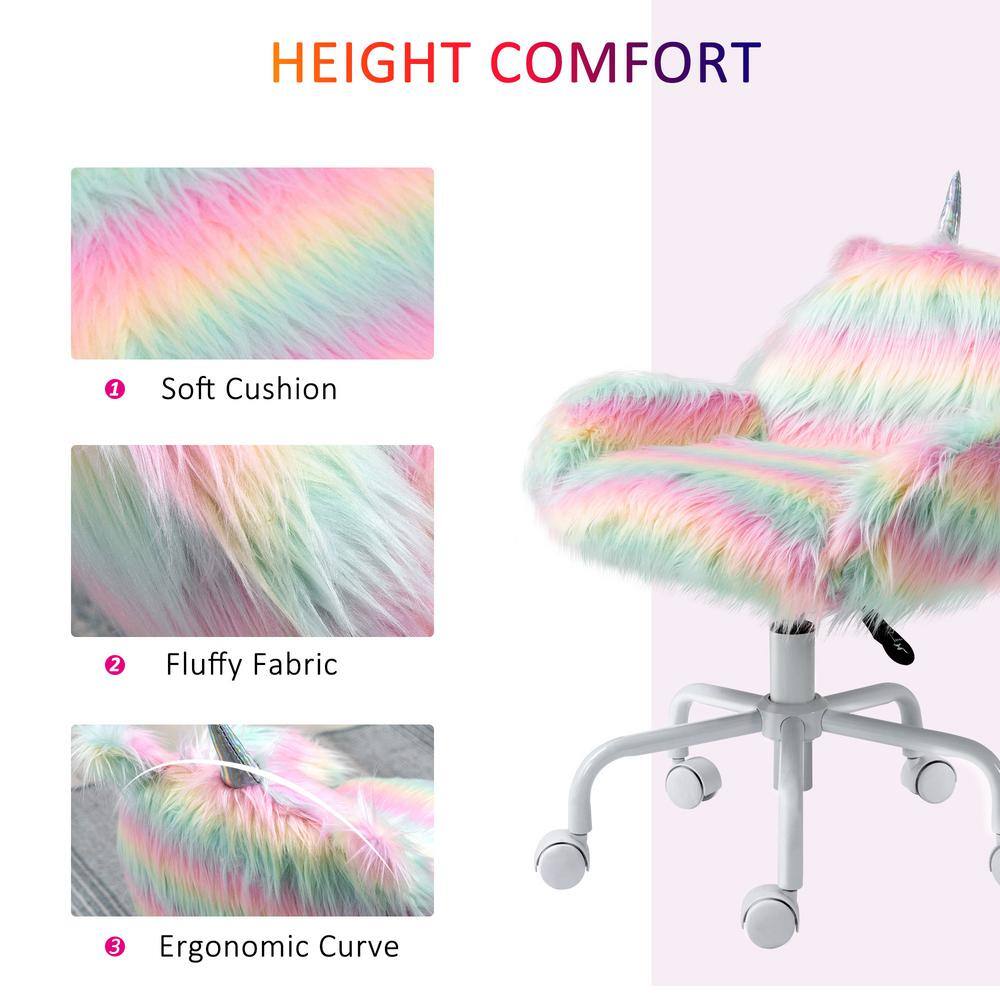 HOMCOM Rainbow color Faux Fur Unicorn Office Chair with Mid-Back and Armrest Support 833-940