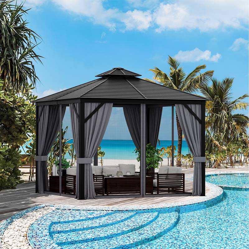 10 x 10 FT Hardtop Gazebo with Netting, Outdoor Patio Metal Gazebo with Galvanized Steel Roof