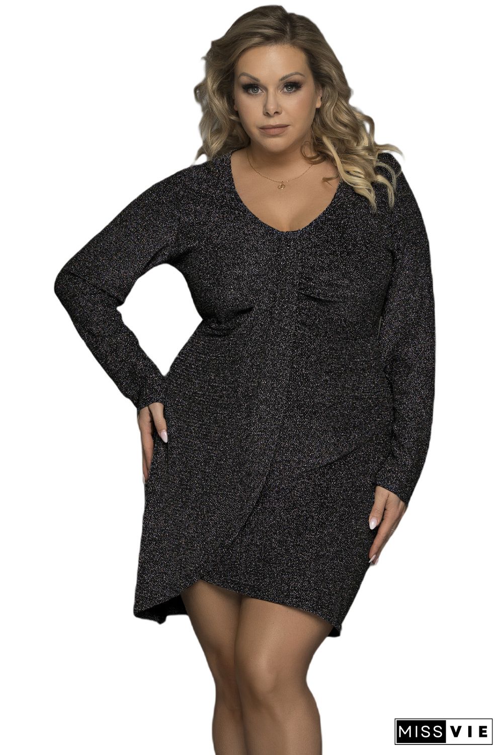 Asymmetric Hemline V Neck Metallic Plus Size Dress