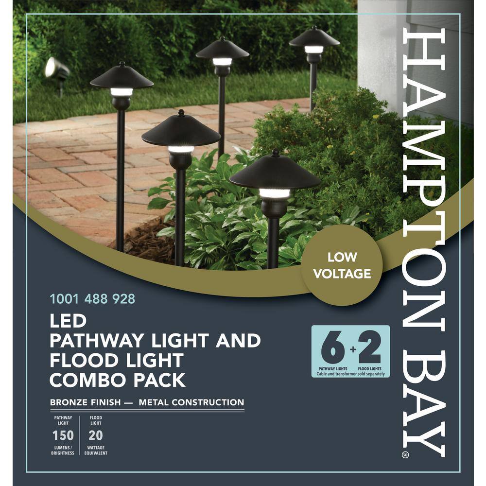 Hampton Bay Pearson Low-Voltage Bronze Outdoor Integrated LED Landscape Path Light and Flood Light Kit (8-Pack) IWV6628L