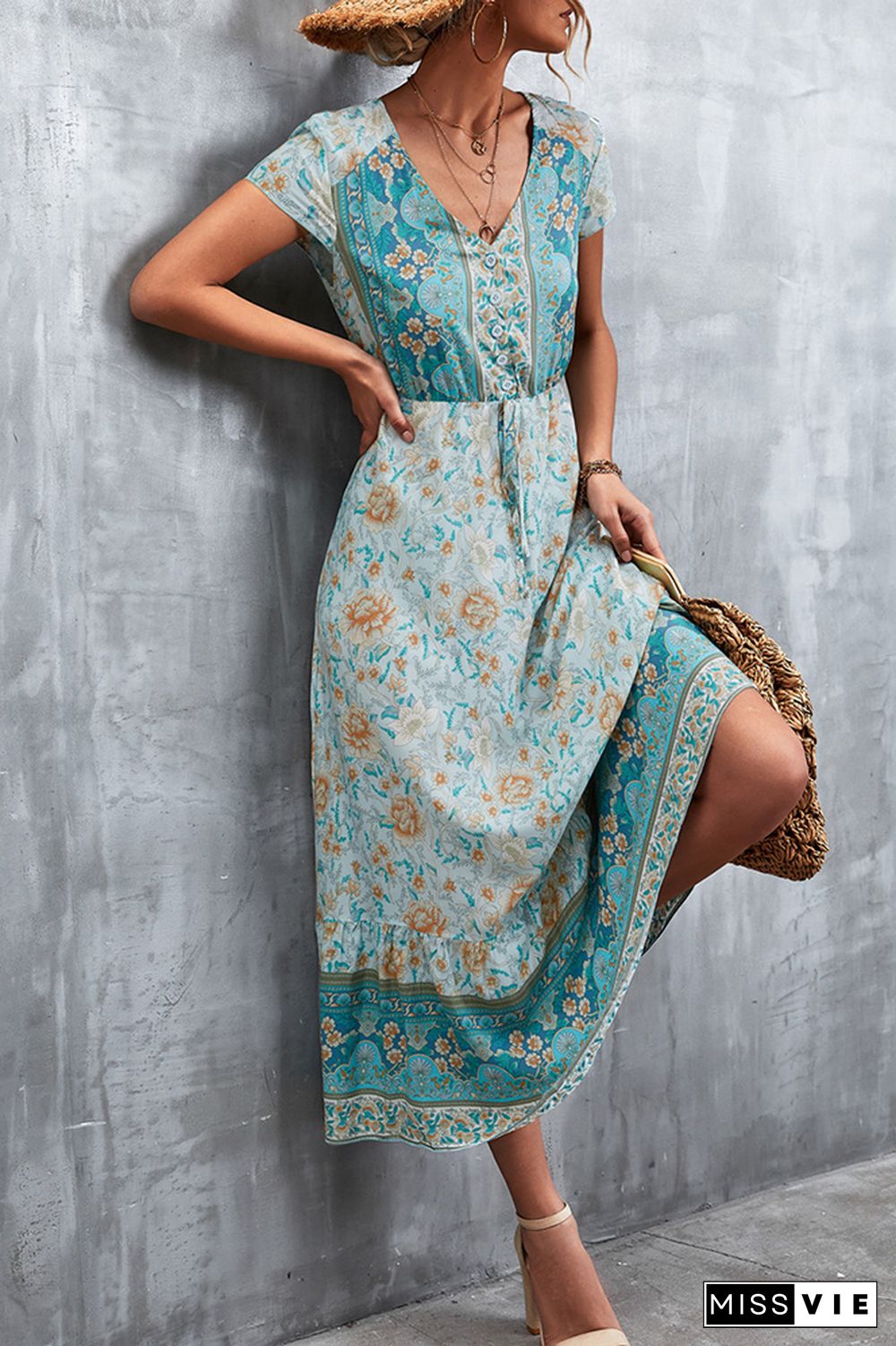 Floral Print Short Sleeve Long Dress Wholesale