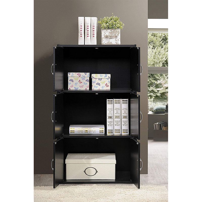 Hodedah HID33 Home 6-Door 3-Shelves Bookcase Enclosed Storage Cabinet， Black