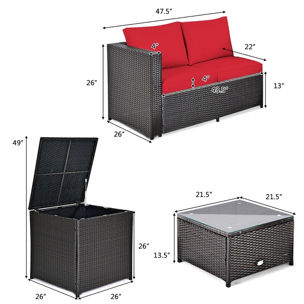 Costway 8pcs Outdoor Patio Rattan Furniture Set Cushioned Loveseat Storage Table Red navy