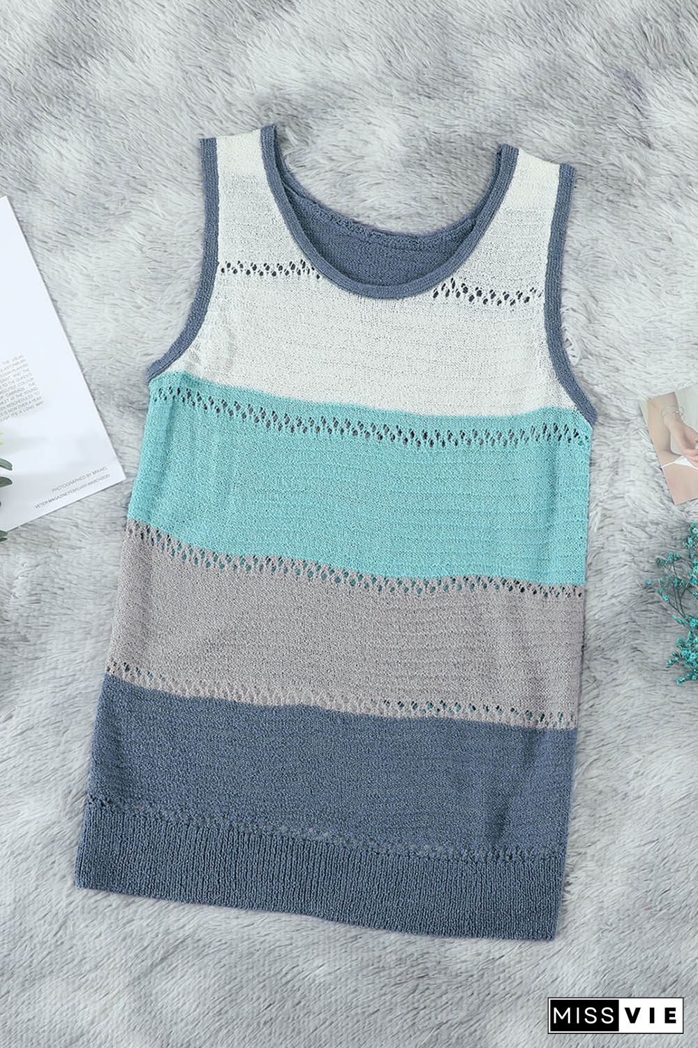 Sky Blue Color Block Knitted Tank Top