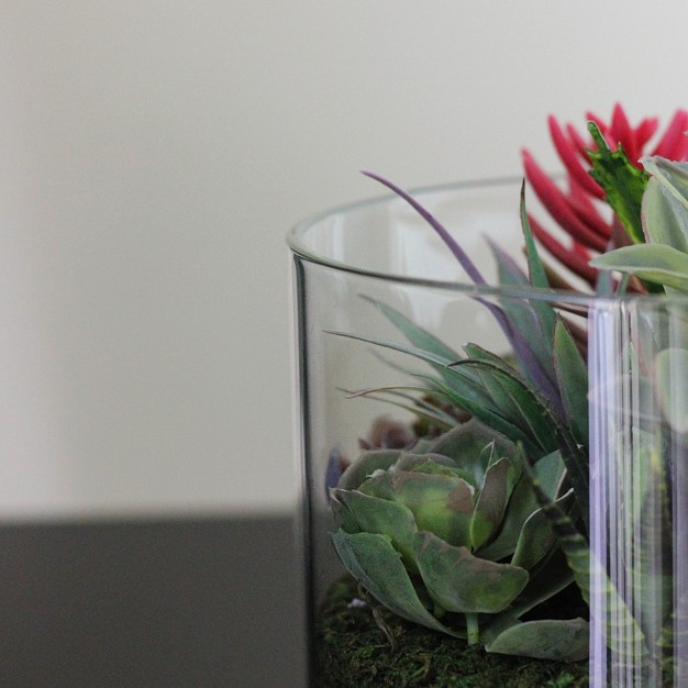 Mixed Succulent Artificial Arrangement In Round Glass Jar - Green/pink