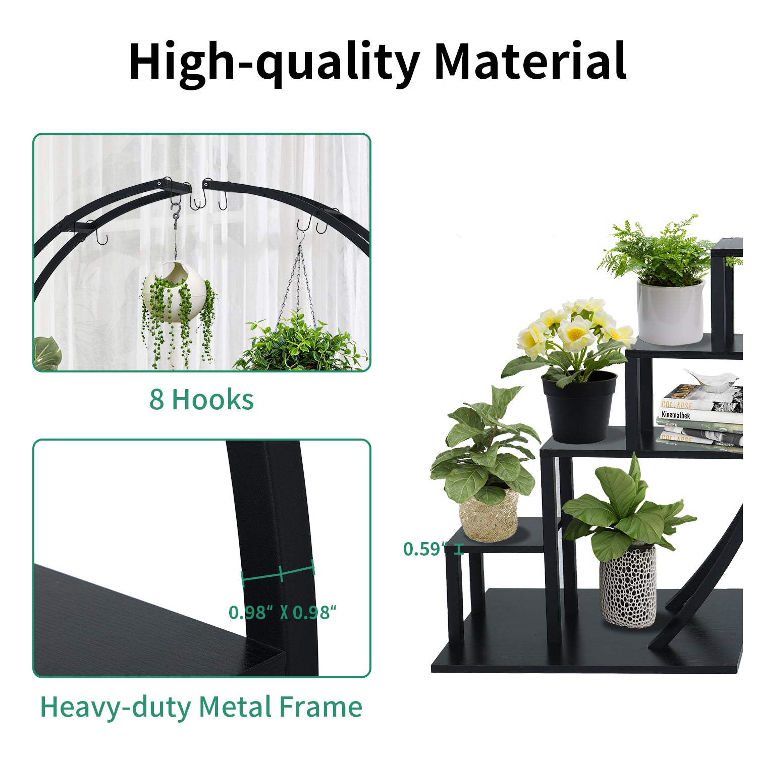 ELECWISH Large Plant Stand Creative 5 Tier Ladder Flower Pot Stand Rack with 8 Hooks for Home Patio Lawn Garden Balcony Holder, Black(2 Pack)