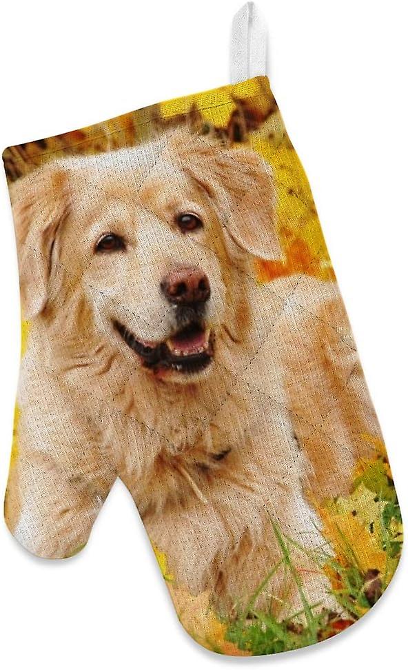 Kitchen Oven Mitts Glove Potholder Apron 3pcs Set Autumn Golden Retriever Dog Non Slip Heat Resistant Mitts For Baking Cooking Bbq