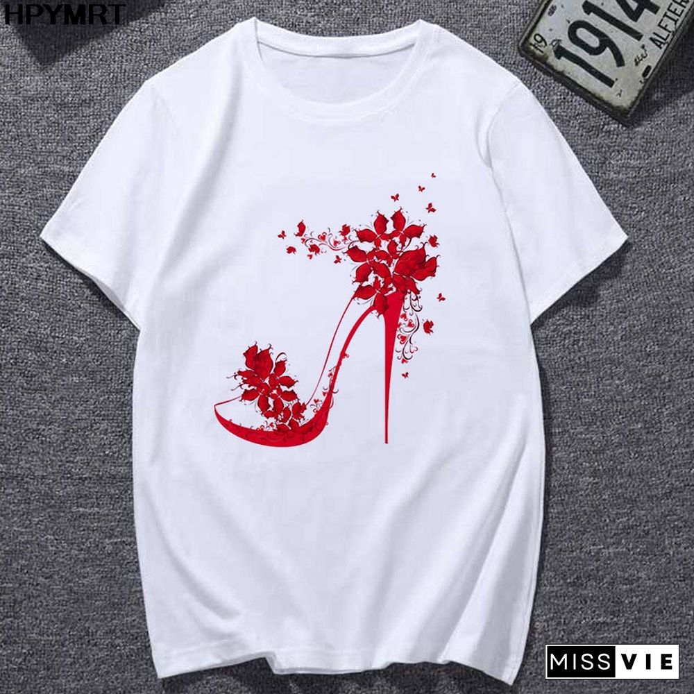 Summer Newest T-Shirts Women Watercolor High Heels Printed Femme T-shirt