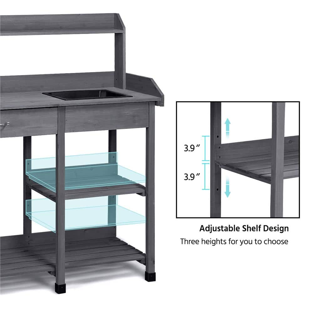 Yaheetech Outdoor Solid Wood Potting Bench with Drawer Adjustable Shelf Rack and Removable Sink DY64l90001