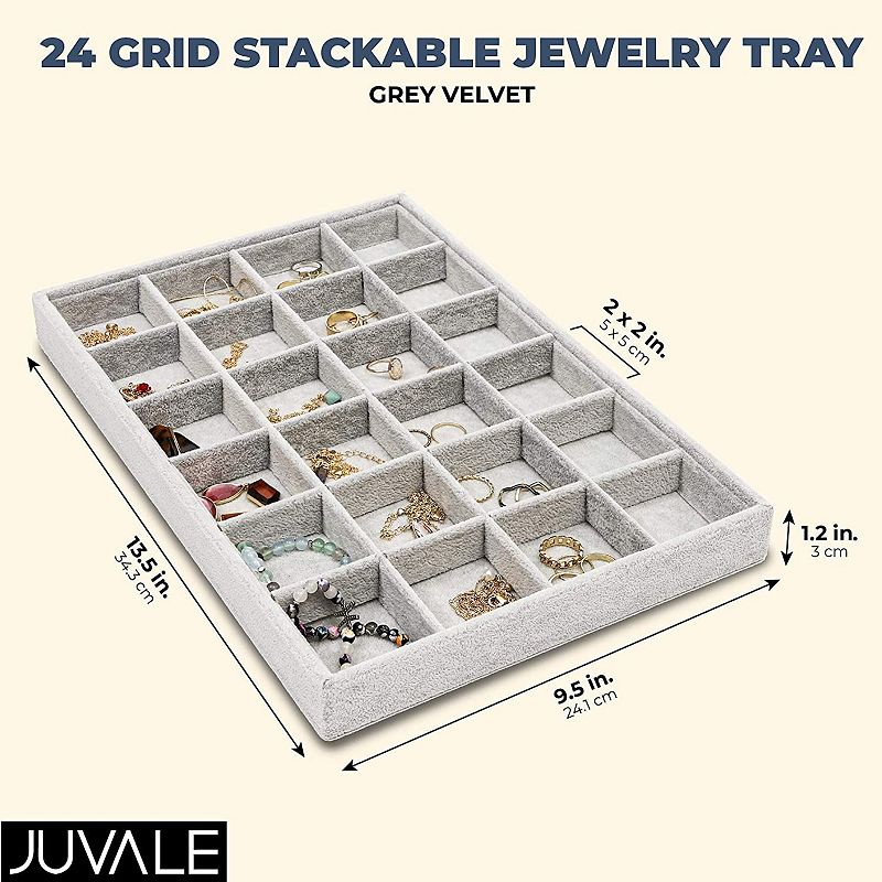 24 Grid Stackable Jewelry Tray (13.5 x 9.5 Inches， Grey Velvet)